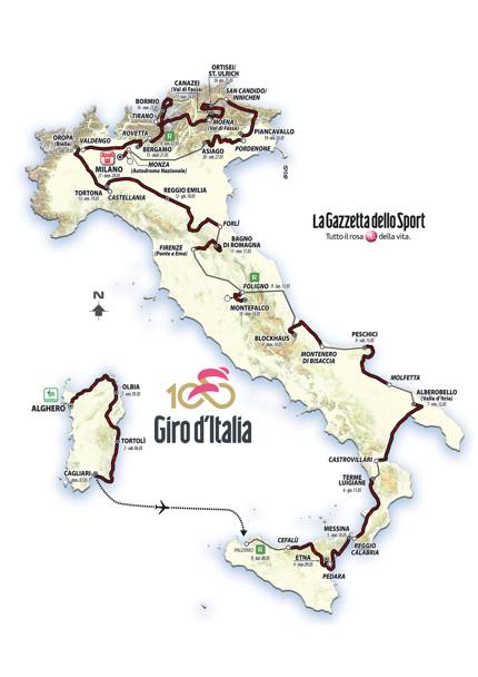 Ecco la planimetria complessiva del Giro d&#39;Italia numero 100 del 2017. Di seguito le altimetrie delle tappe, il dettaglio delle salite principali con l&#39;altimetria classica e in 3 dimensioni